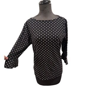 Lauren Ralph Lauren Black White Polka Dot Ruffle Cuff Boat Neck Top 1X Cotton